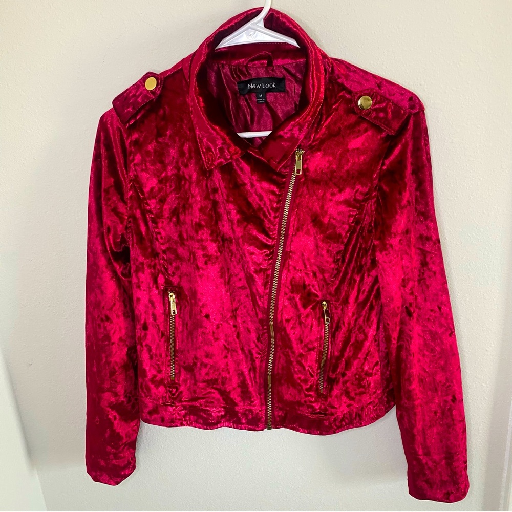 New Look Burgundy Velvet-Feel Front Zip Moto Bomber Jacket Womens SZ Medium